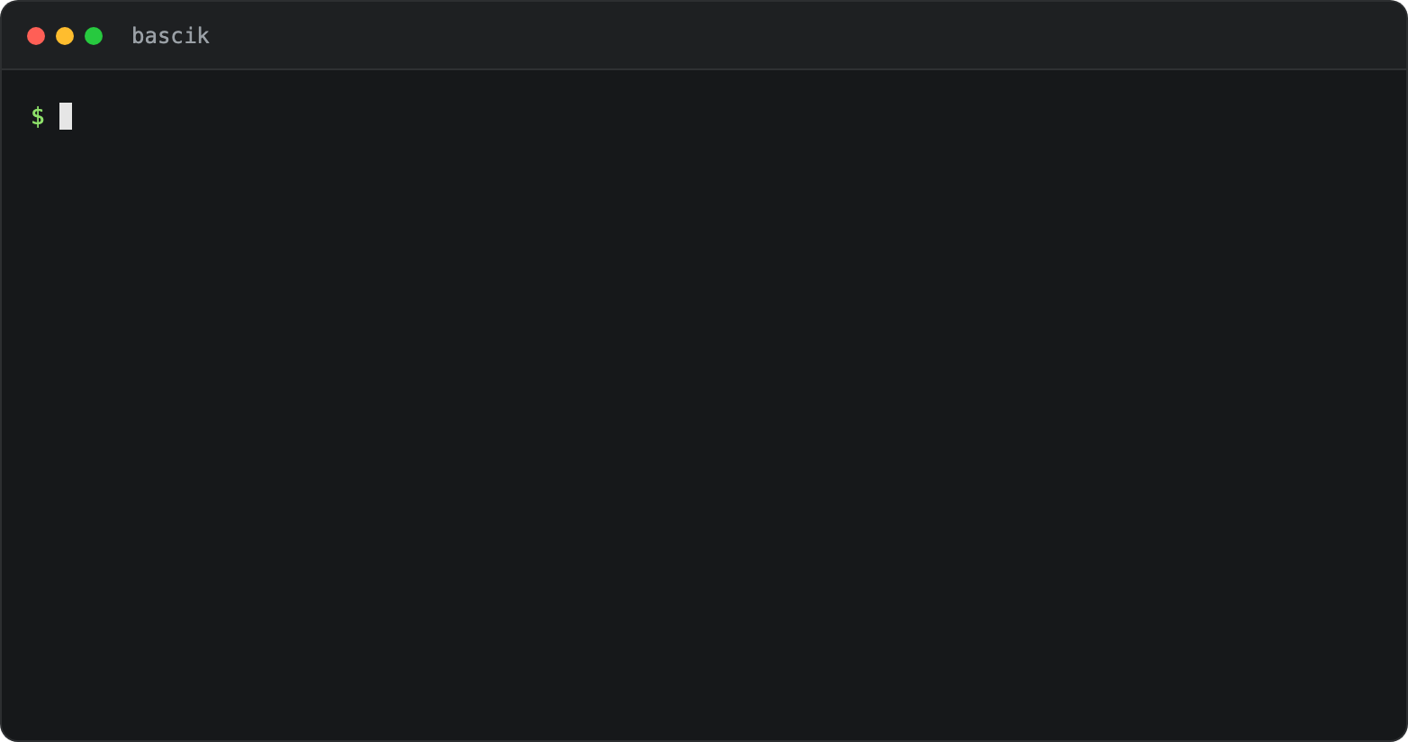 A terminal running bascik on a new project. The server URL is pinned to the top row as soon as the server is up, four pages transpile in a fraction of a second, and after one file is saved only that page is rebuilt, in a few milliseconds.