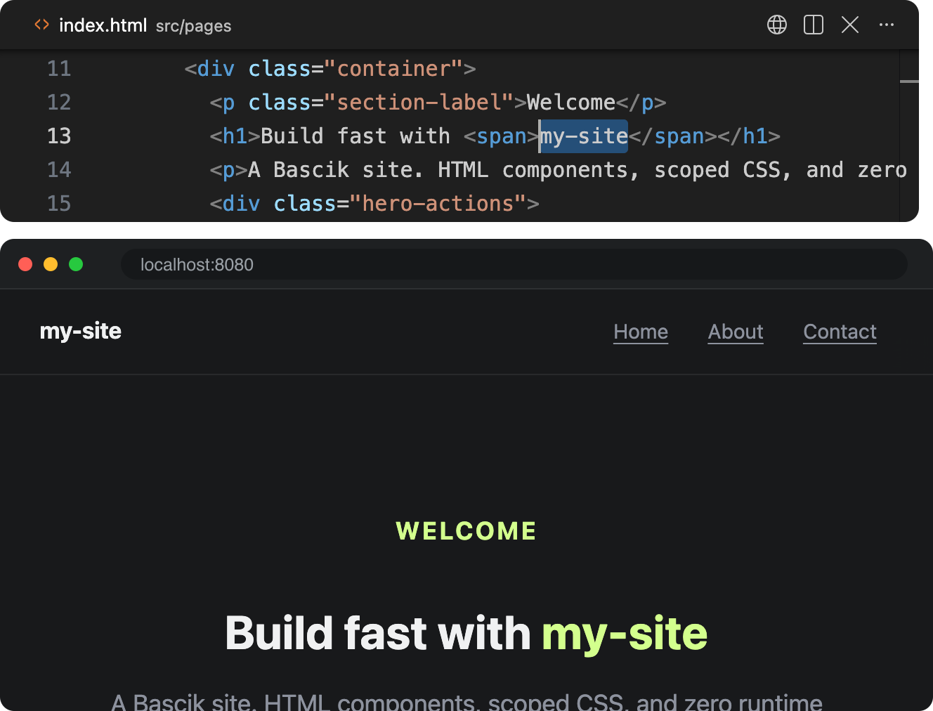 An editor above a browser. A heading edited in the editor and saved changes in the browser. A border color edited in a component and saved changes on every card
